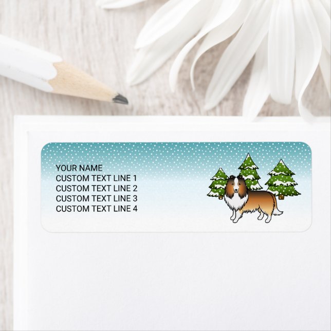Sheltie Cartoon Dog im Winter & Text (Insitu)