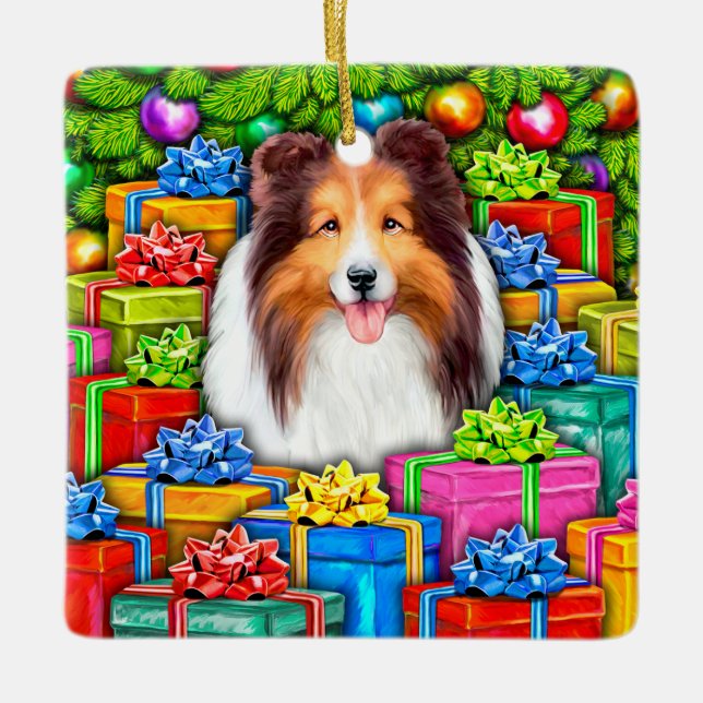 Sheltie Christmas Open Geschenke Keramikornament (Vorderseite)