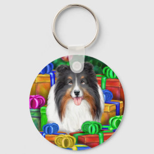 Sheltie Christmas Open Geschenke Tri Color Schlüsselanhänger