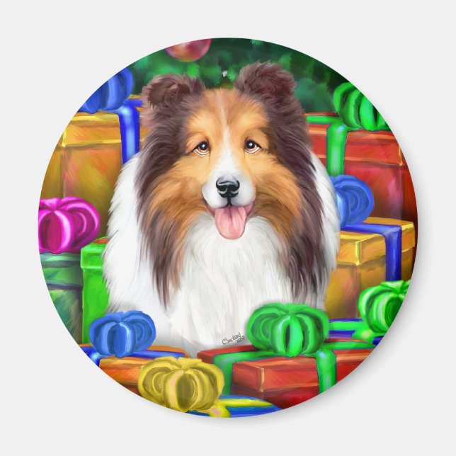 Sheltie Christmas Open Geschenke Verkauf Magnet (Vorne)
