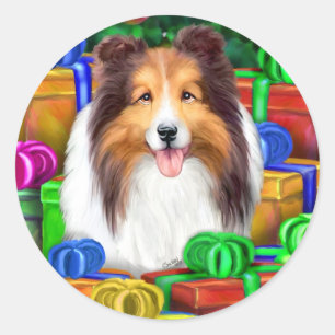 Sheltie Christmas Open Geschenke Verkauf Runder Aufkleber