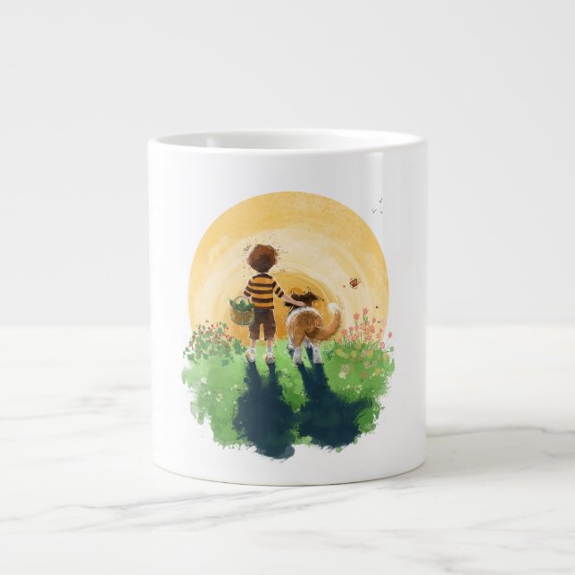 Sheltie Dog and Boy Walk in Sunset Jumbo-Tasse (Vorderseite)