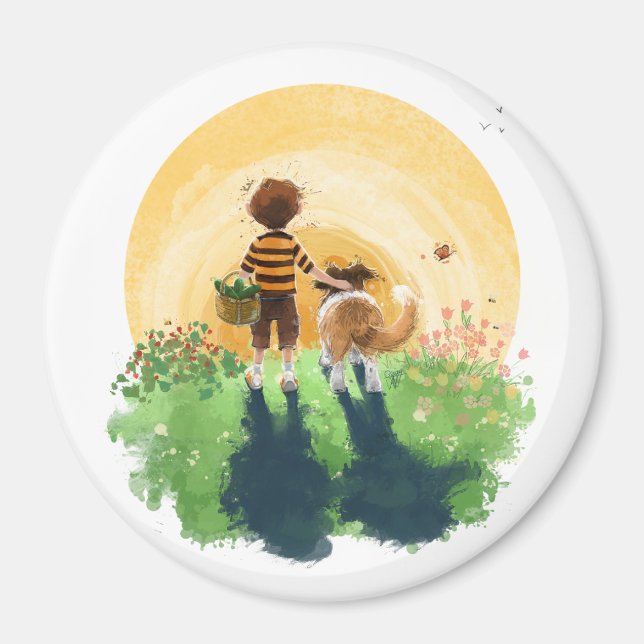 Sheltie Dog and Boy Walk in Sunset Magnet (Vorne)