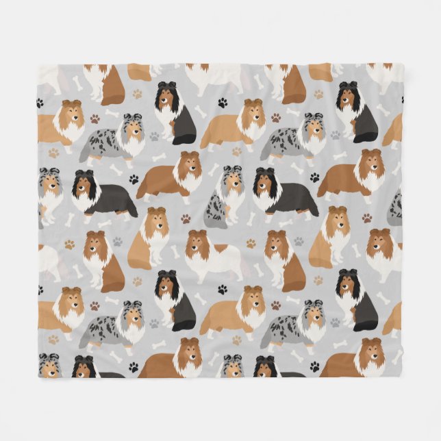 Sheltie Dog Bones and Paws Fleece Blankon (Vorderseite (Horizontal))
