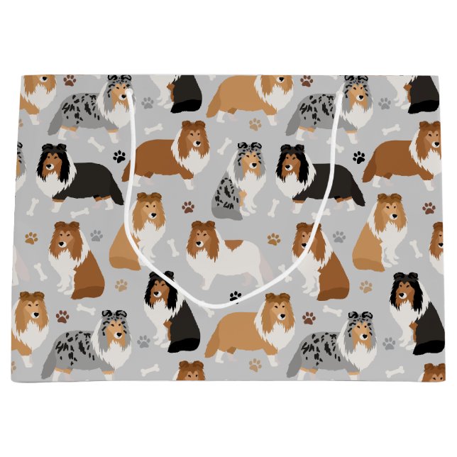 Sheltie Dog Bones and Paws Large Gift Bag Große Geschenktüte (Vorderseite)