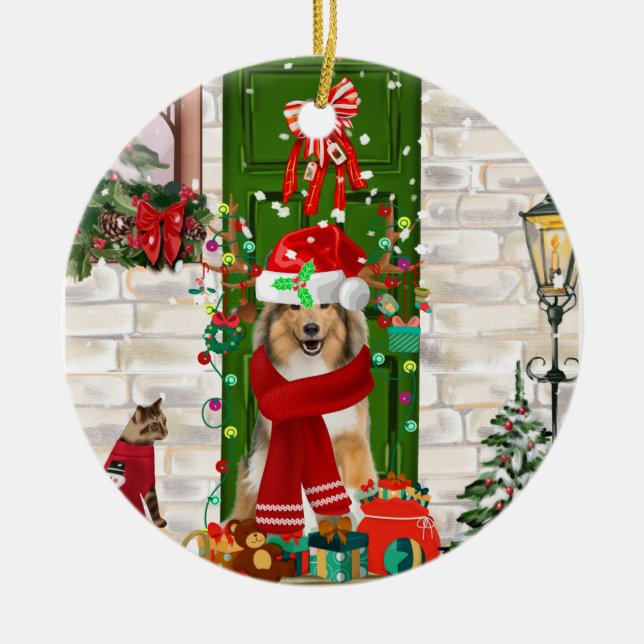 Sheltie Dog Christmas Keramik Ornament (Vorne)