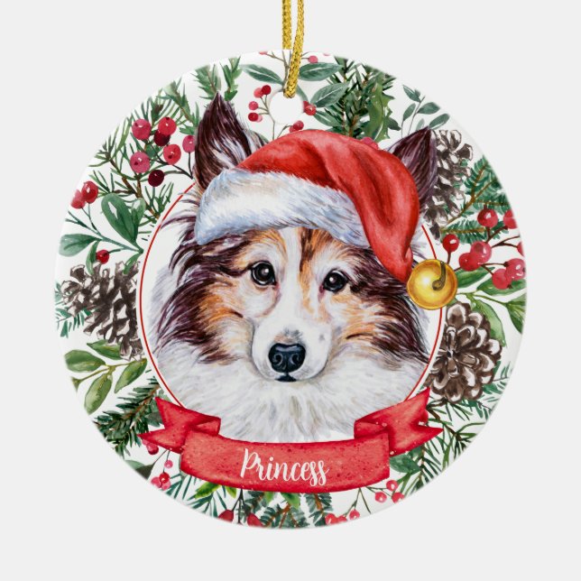 Sheltie Dog Custom Weihnachtsmannmütze Weihnachtss Keramik Ornament (Vorne)