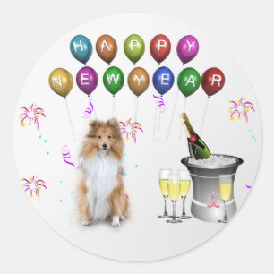 Sheltie Dog Happy New Year Runder Aufkleber