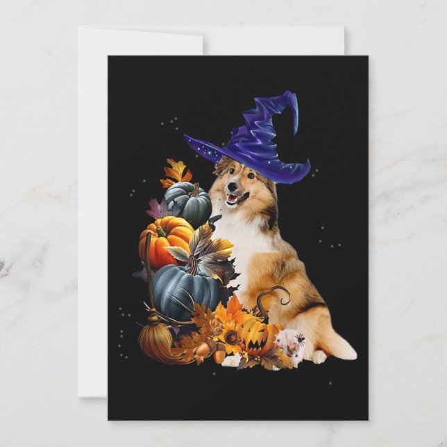 Sheltie Dog Hexe und Pumpkins Halloween Thanksgiv Einladung (Vorderseite)