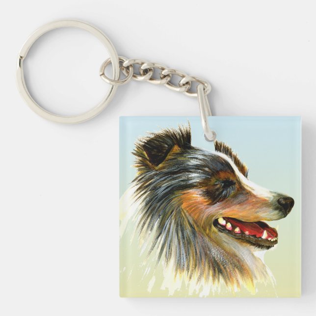 Sheltie Dog Pet Aquarellmalerei Schlüsselanhänger (Vorderseite)
