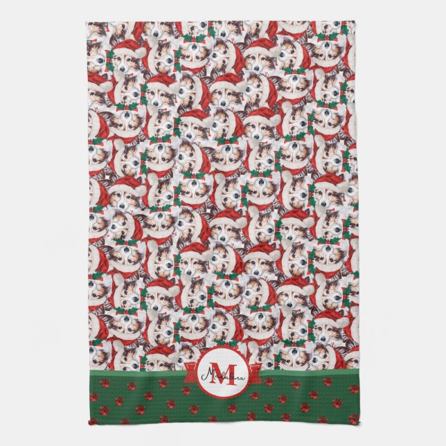 Sheltie Pattern Monogram Christmas Dog Geschirrtuch (Vertikal)