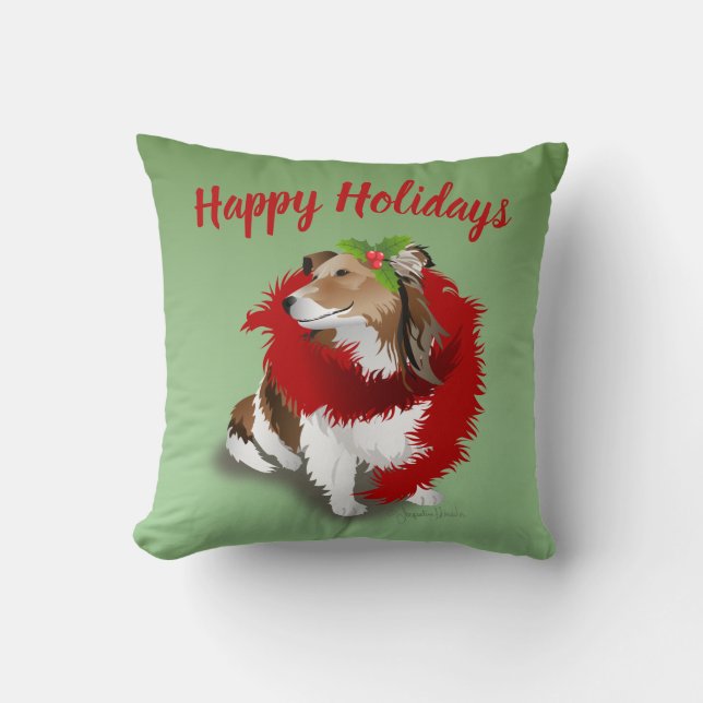 Sheltie, Roter Scarf, Holly, Weihnachtsbaum Kissen (Vorderseite)