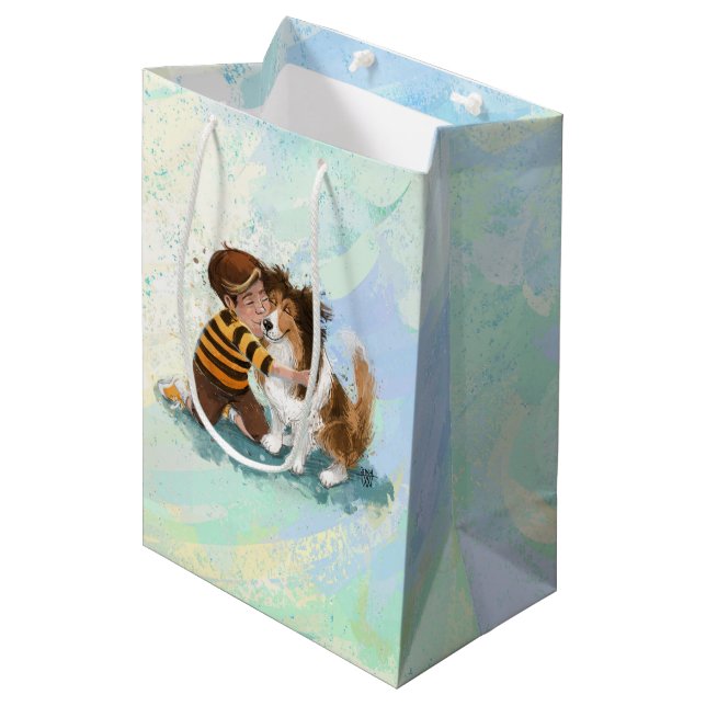 Sheltie und Boy Hug Mittlere Geschenktüte (Vorderseite Schrägansicht)