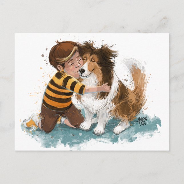 Sheltie und Boy Hug Postkarte (Vorderseite)