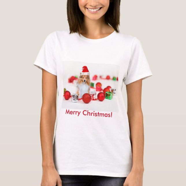 Sheltie Wishing Joyeux T-shirt femme Noël (Devant)
