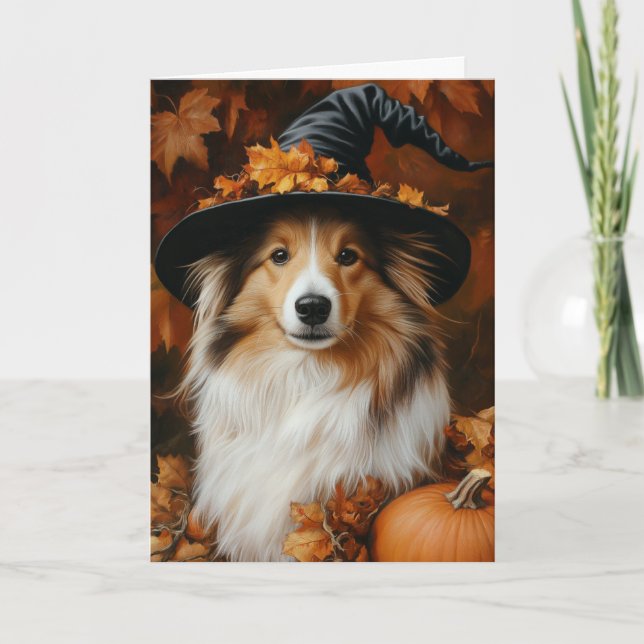 Sheltie Witch Halloween Feiertagskarte (Vorderseite)