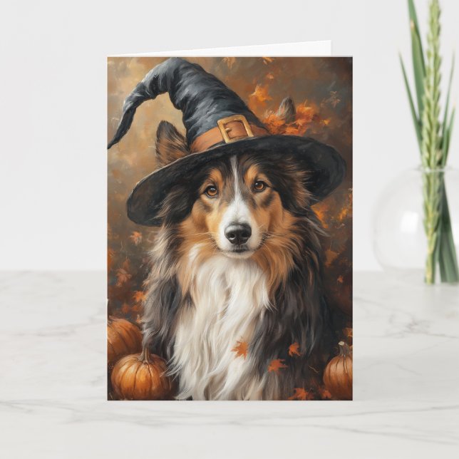 Sheltie Witch Halloween Feiertagskarte (Vorderseite)