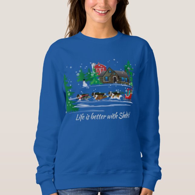 Shelties Pulling Sled, Schneeferien Weihnachten Sweatshirt (Vorderseite)