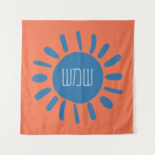 Shemesh - Blue Sun auf Orange in Hebräisch  Wandteppich