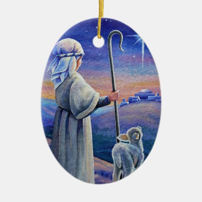 Shepherd Boy Lamb & Star Watercolor Art Keramik Ornament (Vorne)
