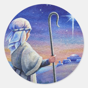 Shepherd Boy Lamb & Star Watercolor Art Runder Aufkleber