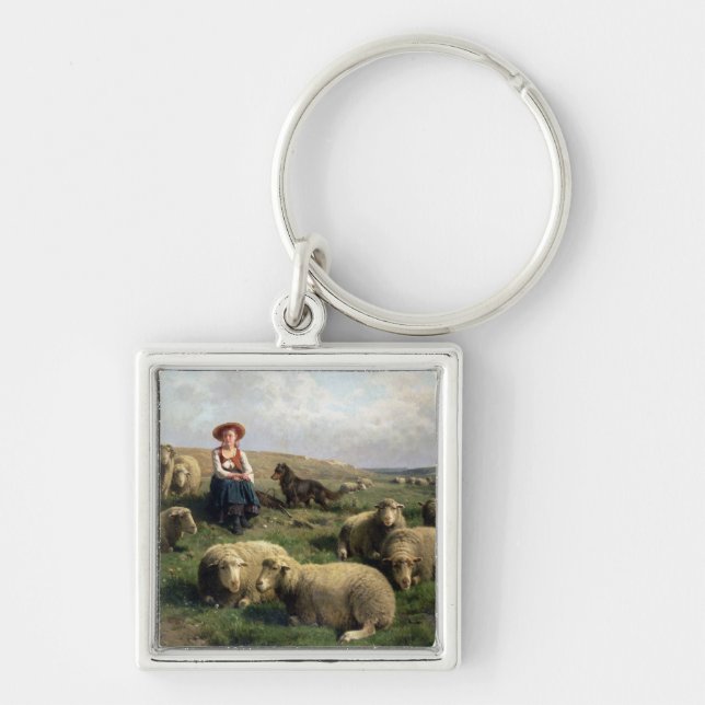 Shepherdess mit Schafen in einer Landschaft Schlüsselanhänger (Vorne)