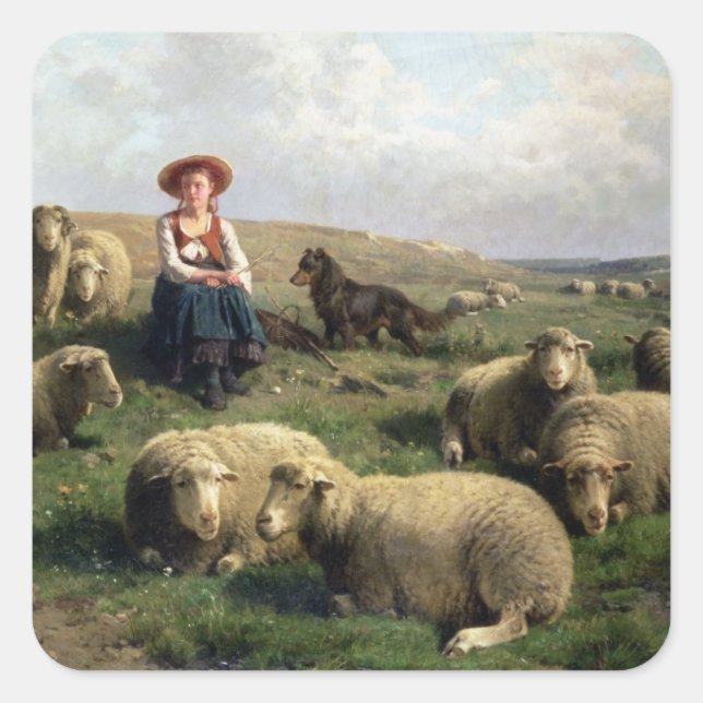 Shepherdeß with Sheep in a Landscape Quadratischer Aufkleber (Vorderseite)