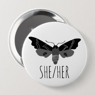 SHER/HER Pronouns Handgezogenes Moth Insect Button