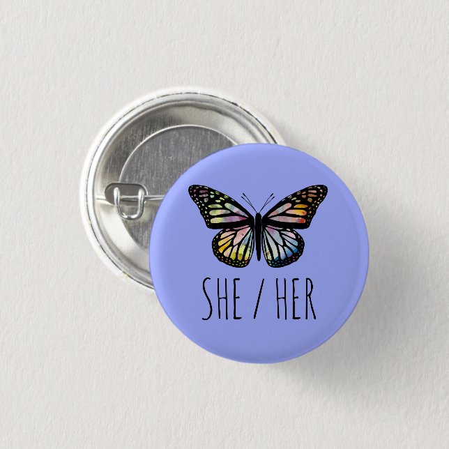 SHER/HER Pronouns Watercolor Butterfly Button (Vorne & Hinten)