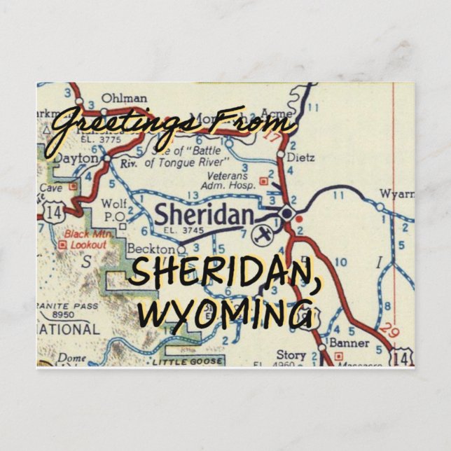 Sheridan WY Vintag Map Postkarte (Vorderseite)
