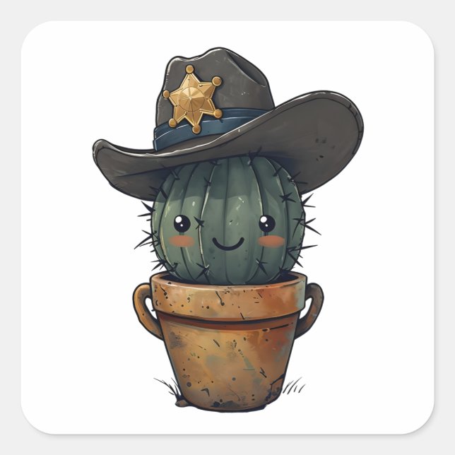 Sheriff Spike-Cactus Character Quadratischer Aufkleber (Vorderseite)