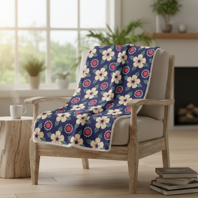 Sherpa Couverture bleu marine avec fleurs de crème (Créateur téléchargé)