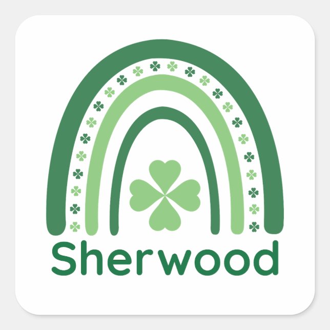Sherwood Name Clover Boho Rainbow Quadratischer Aufkleber (Vorderseite)