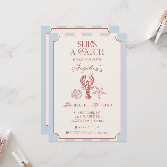 She's A Catch Bachelorette Weekend Itinerary and Einladung (Vorderseite/Rückseite Beispiel)
