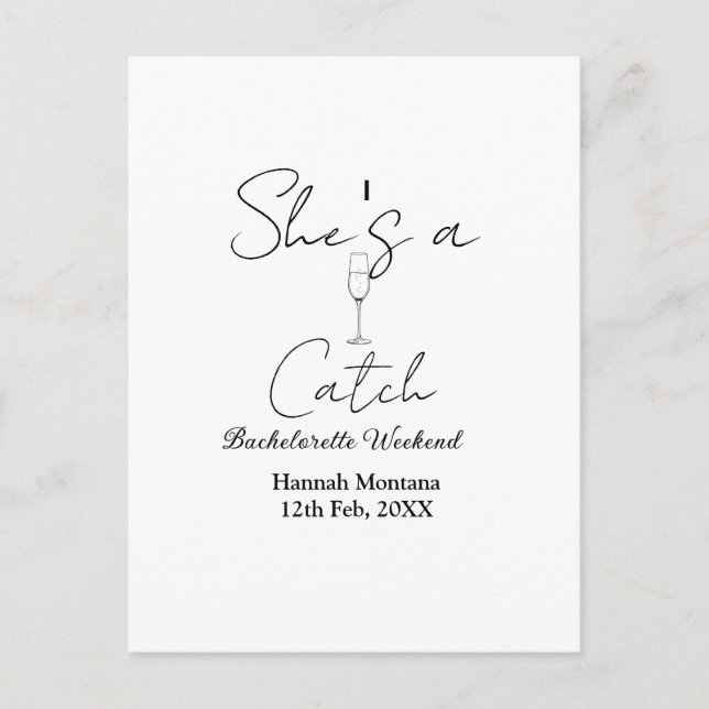 She's a catch champagne bottle bachelorette weeken postkarte (Vorderseite)