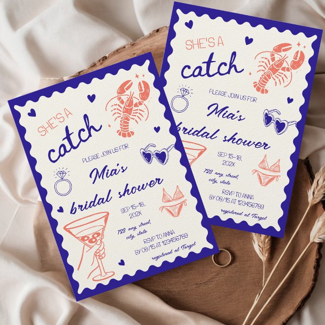 She's a catch Lobster Hand Drawn Bridal Shower Einladung (She's a catch lobster bridal shower invitation hand drawn unique whimsical coastal nautical beach)