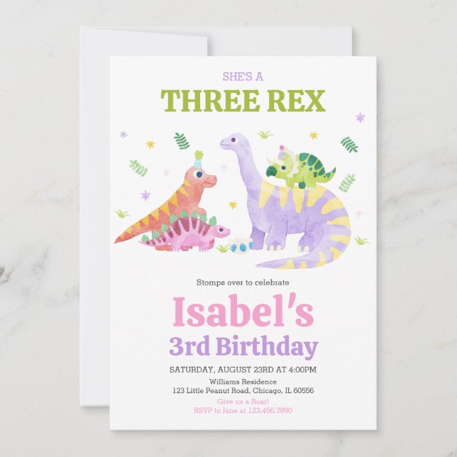 She's a Three rex Trex Dinosaur Birthday Einladung (Vorderseite)
