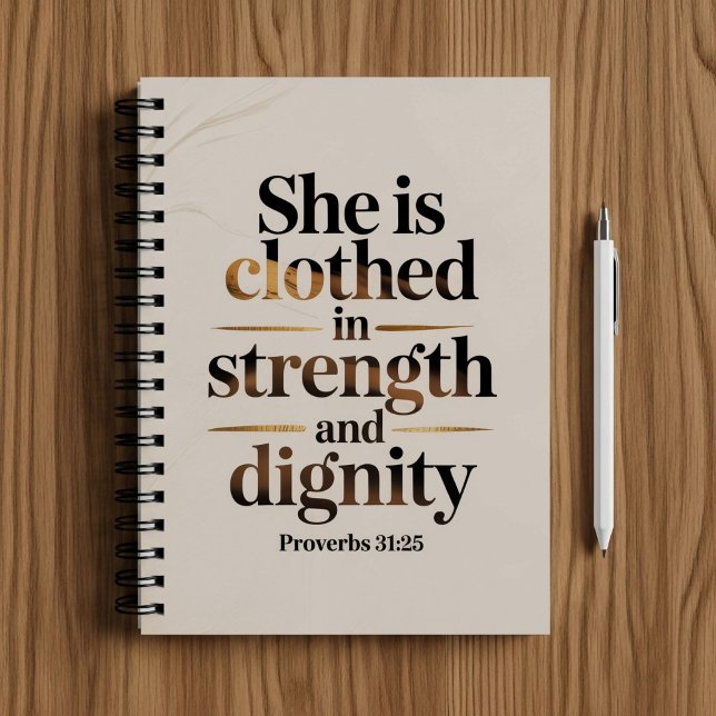 She's clothed in strength. Bible verse notebook  Notizblock (Von Creator hochgeladen)