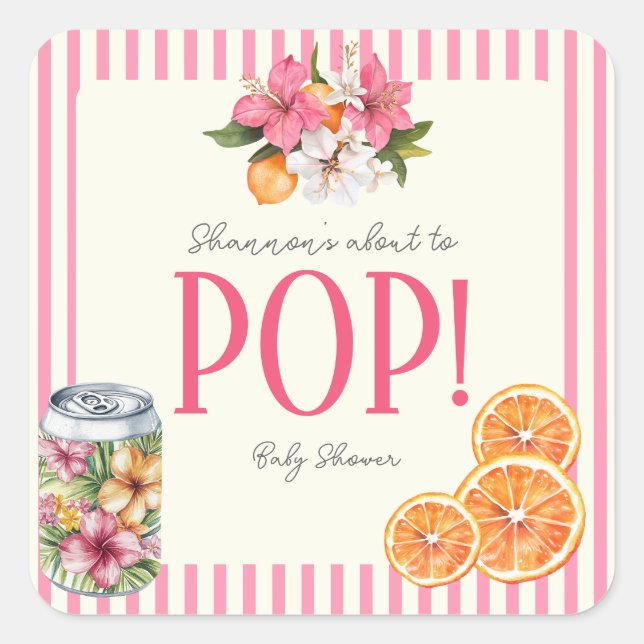 She's Ready to Pop Tropical Floral Citrus  Quadratischer Aufkleber (Vorderseite)