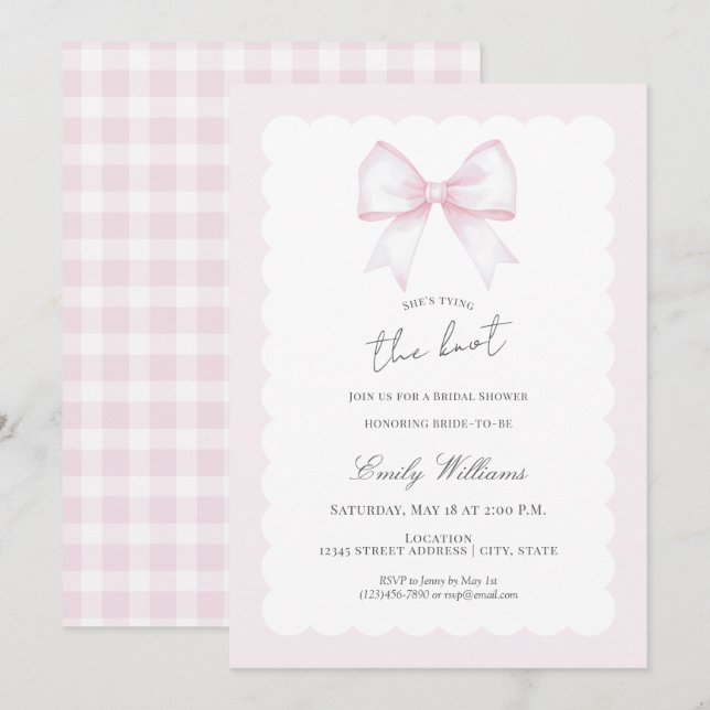 She's Tying The Knot Pink Blush Bow Bridal Shower Einladung (Vorne/Hinten)