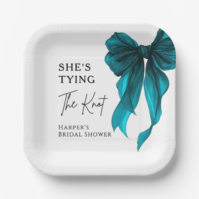 She's Tying The Knot Turquoise Bow Bridal Shower Pappteller (Vorderseite)