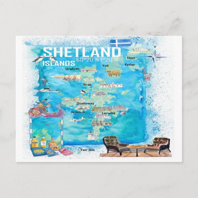 Shetland Islands Illustrierte Reisekarte Postkarte (Vorderseite)