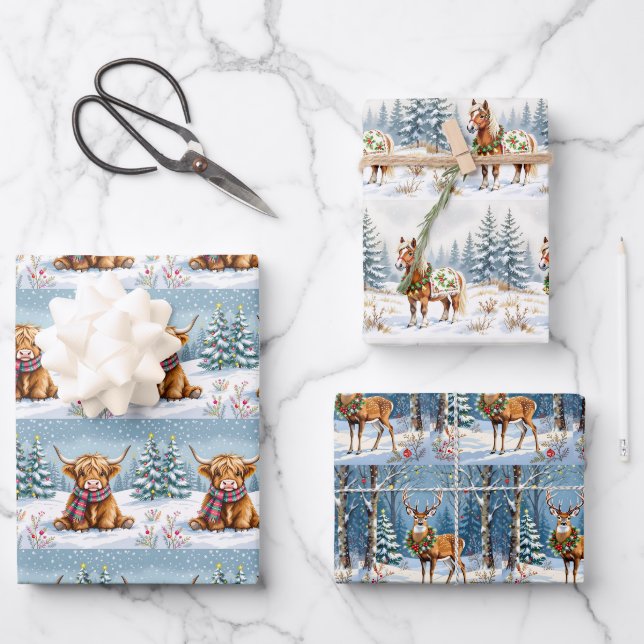 Shetland Pony, Deer and Highland Cow Weihnachten Geschenkpapier Set (Vorderseite)