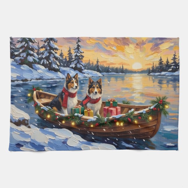 Shetland Sheepdog Christmas Boat Holiday Geschirrtuch (Horizontal)