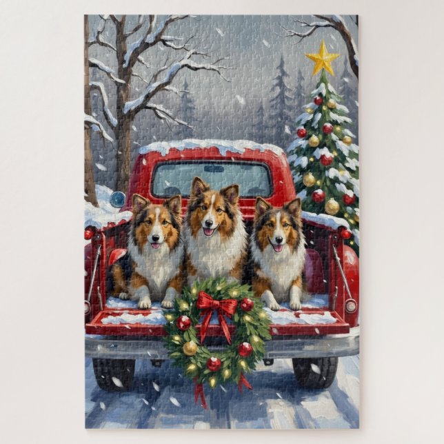 Shetland Sheepdog Christmas Red Truck Holiday (Vertikal)