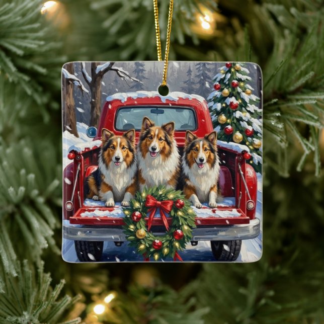 Shetland Sheepdog Christmas Red Truck Holiday Keramikornament (Baum)