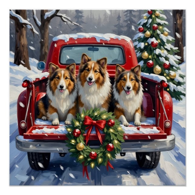 Shetland Sheepdog Christmas Red Truck Holiday Poster (Vorderseite)