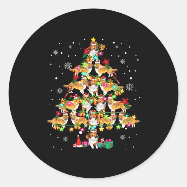 Shetland Sheepdog Christmas Tree Funny Sheltie Chr Runder Aufkleber (Vorderseite)