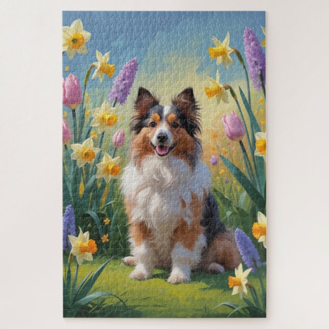 Shetland Sheepdog Frühlingsblumen Malerei (Vertikal)