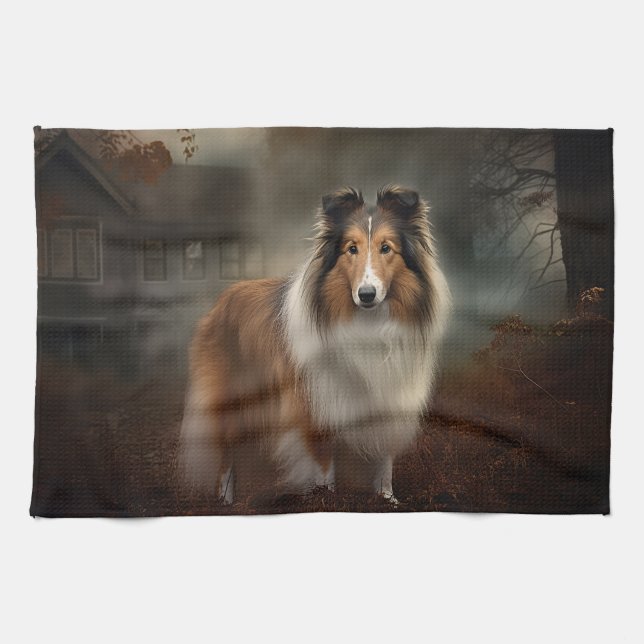 Shetland Sheepdog Halloween Beängstigend Geschirrtuch (Horizontal)